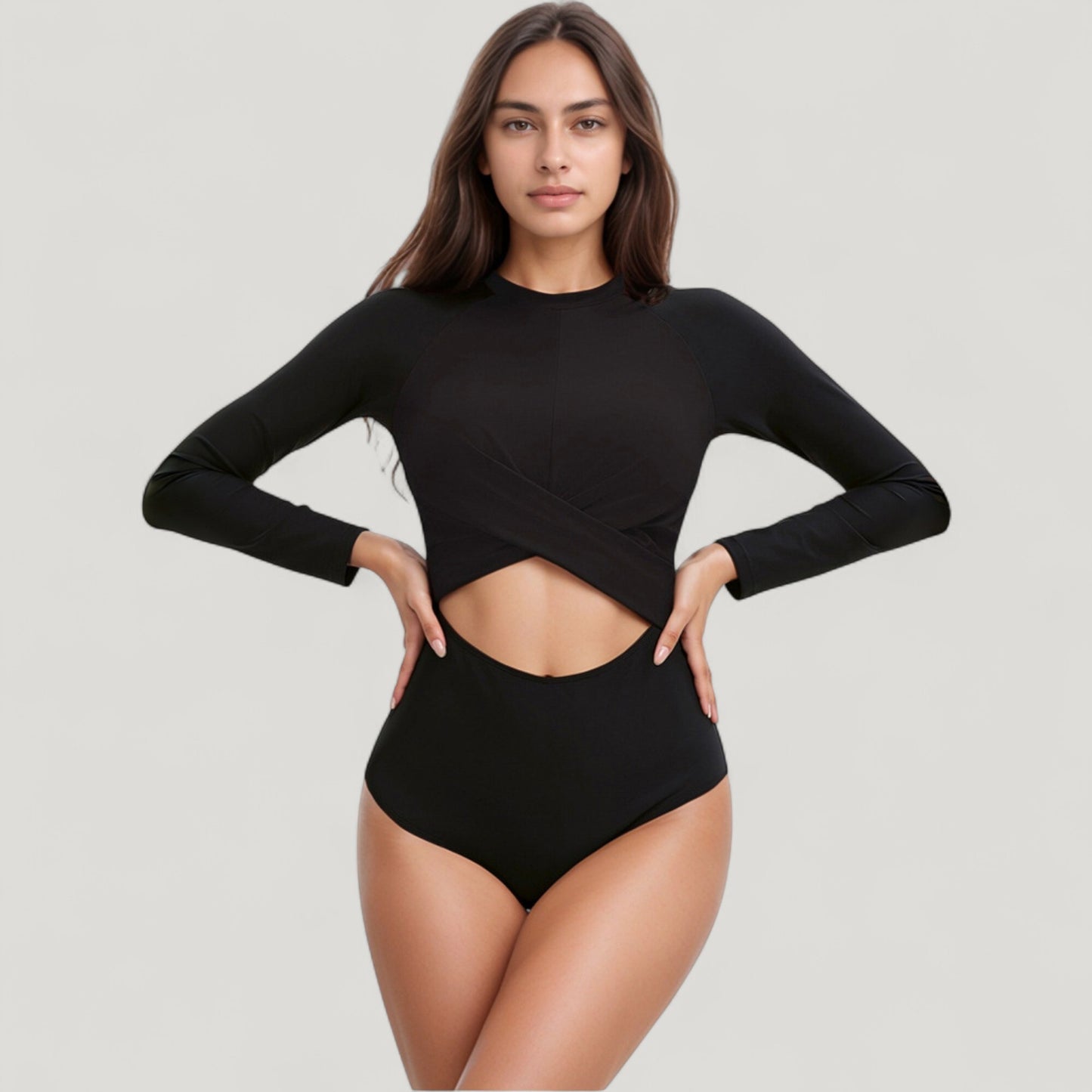 Long Sleeve One Piece Swimsuit with Cut-Out Waist and Cross Front Detail
