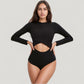 Long Sleeve One Piece Swimsuit with Cut-Out Waist and Cross Front Detail