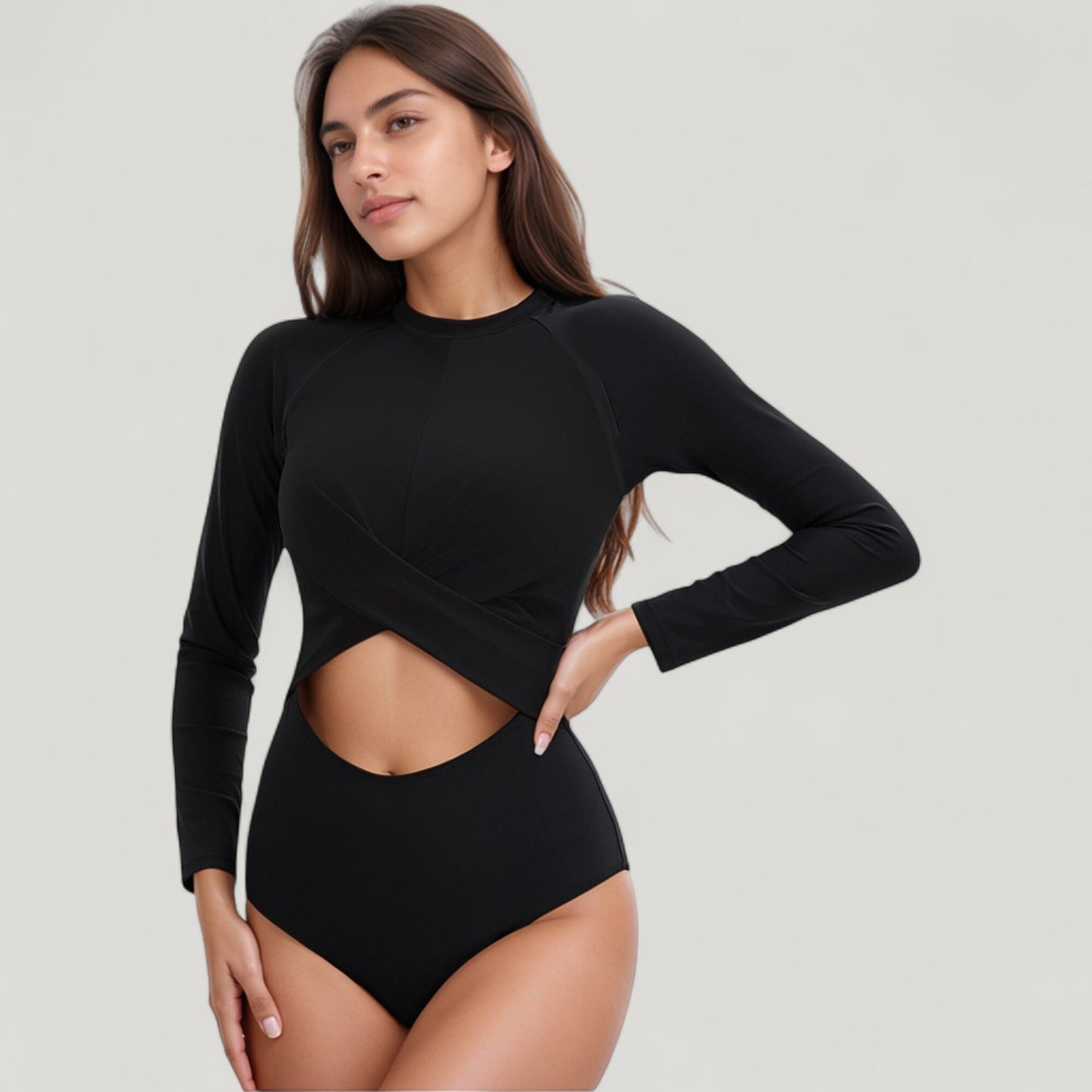 Long Sleeve One Piece Swimsuit with Cut-Out Waist and Cross Front Detail