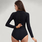 Long Sleeve One Piece Swimsuit with Cut-Out Waist and Cross Front Detail