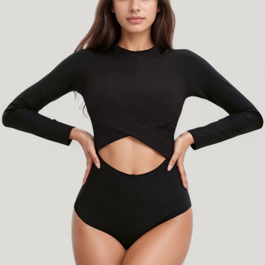 Long Sleeve One Piece Swimsuit with Cut-Out Waist and Cross Front Detail
