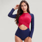 Long Sleeve One Piece Swimsuit with Cut-Out Waist and Cross Front Detail