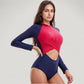 Long Sleeve One Piece Swimsuit with Cut-Out Waist and Cross Front Detail