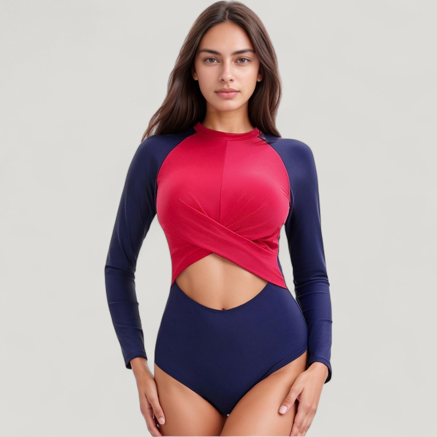 Long Sleeve One Piece Swimsuit with Cut-Out Waist and Cross Front Detail