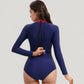 Long Sleeve One Piece Swimsuit with Cut-Out Waist and Cross Front Detail