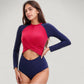 Long Sleeve One Piece Swimsuit with Cut-Out Waist and Cross Front Detail