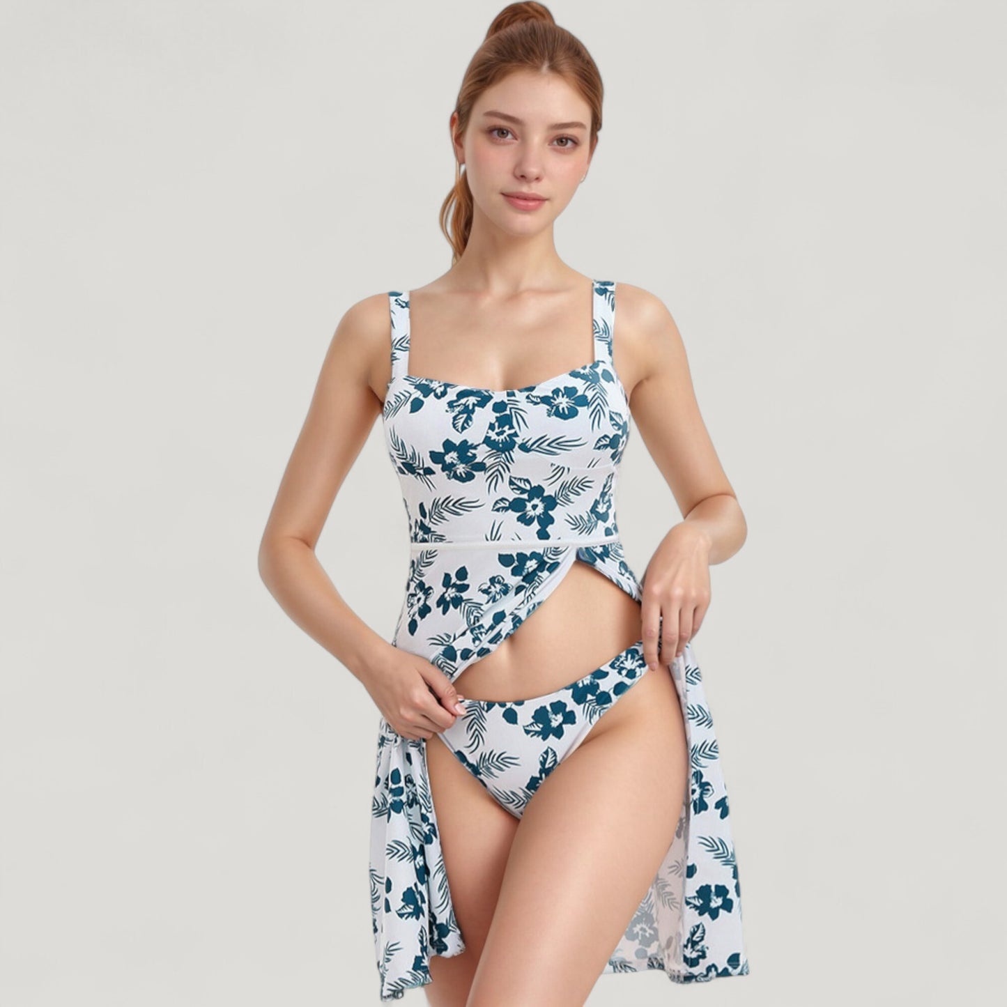 Three Piece Floral Swimsuit Set with Sleeveless Dress Overlay and Matching Bikini