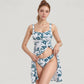 Three Piece Floral Swimsuit Set with Sleeveless Dress Overlay and Matching Bikini