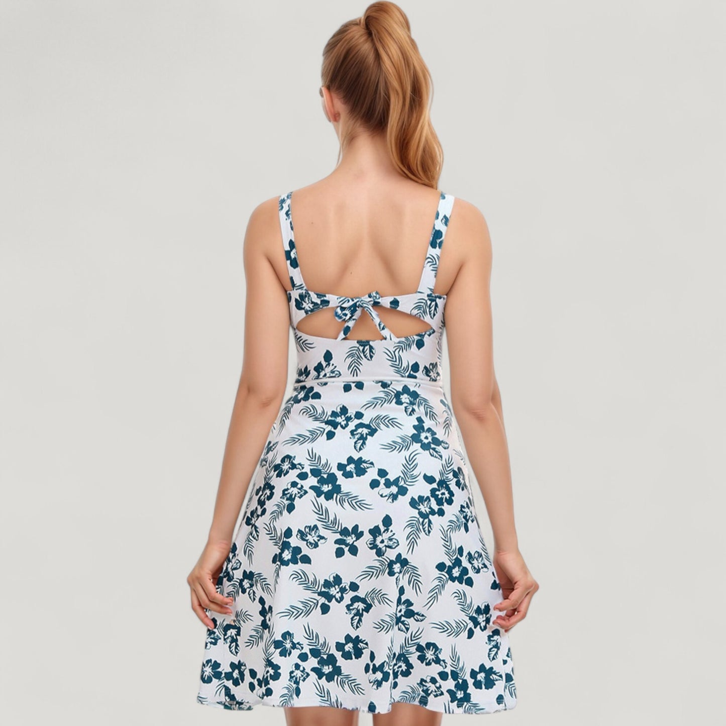 Three Piece Floral Swimsuit Set with Sleeveless Dress Overlay and Matching Bikini