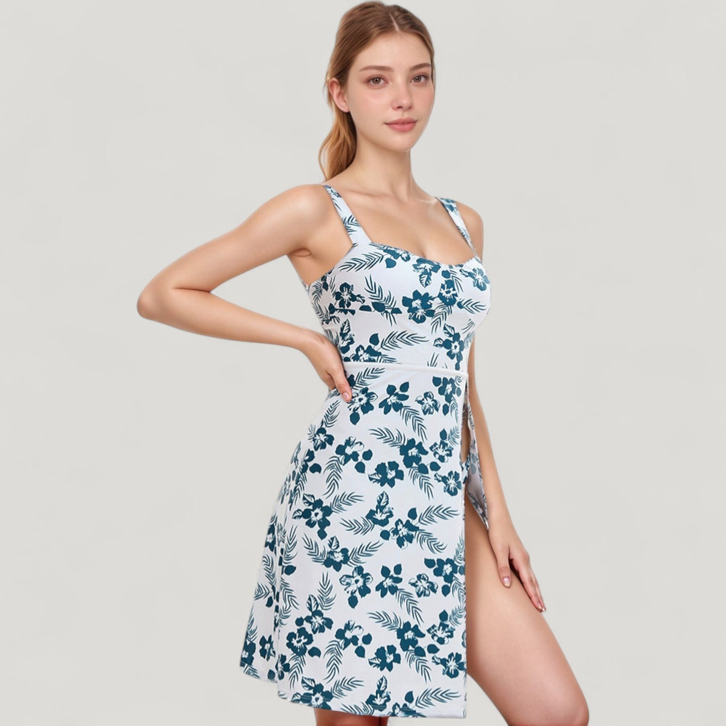 Three Piece Floral Swimsuit Set with Sleeveless Dress Overlay and Matching Bikini