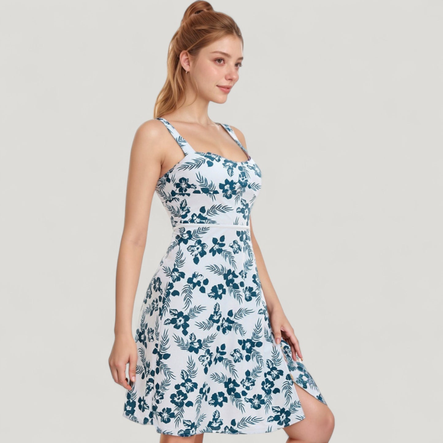 Three Piece Floral Swimsuit Set with Sleeveless Dress Overlay and Matching Bikini