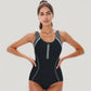 One Piece Zip Front Swimsuit with Colorblock Panels and Shaping Contrast Piping