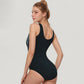 One Piece Zip Front Swimsuit with Colorblock Panels and Shaping Contrast Piping