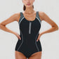One Piece Zip Front Swimsuit with Colorblock Panels and Shaping Contrast Piping