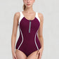 One Piece Zip Front Swimsuit with Colorblock Panels and Shaping Contrast Piping
