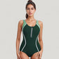 One Piece Zip Front Swimsuit with Colorblock Panels and Shaping Contrast Piping
