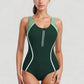 One Piece Zip Front Swimsuit with Colorblock Panels and Shaping Contrast Piping