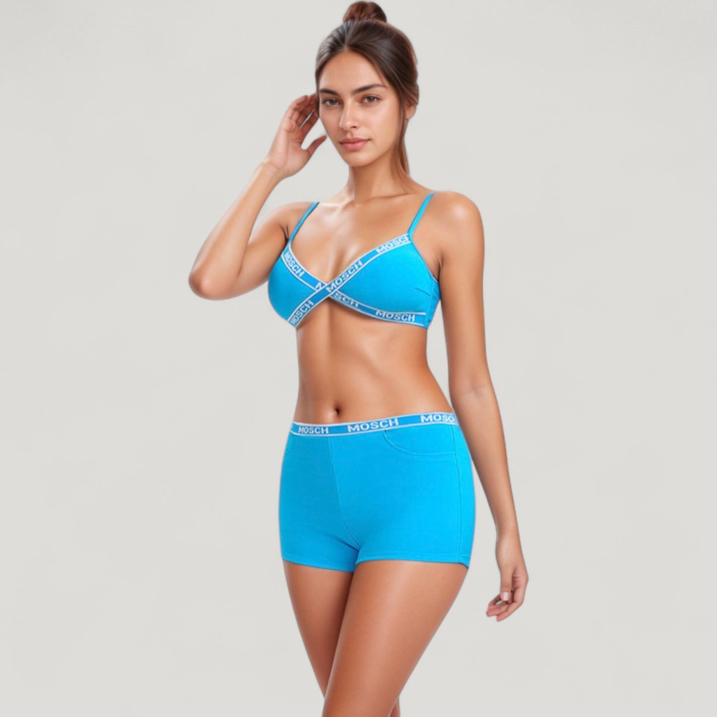 Branded Strap Triangle Bralette with Matching Logo Waistband Shorts Swimwear Set