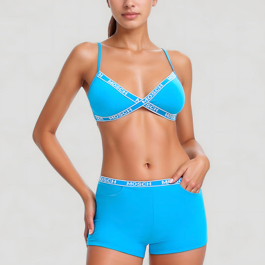 Branded Strap Triangle Bralette with Matching Logo Waistband Shorts Swimwear Set