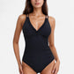 One Piece Swimsuit with Ruffled V-Neckline and Adjustable Double Spaghetti Straps