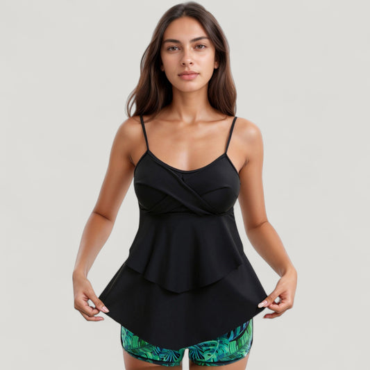 Tankini Swimsuit with Spaghetti Strap Top and Leaf Print Swim Shorts Set