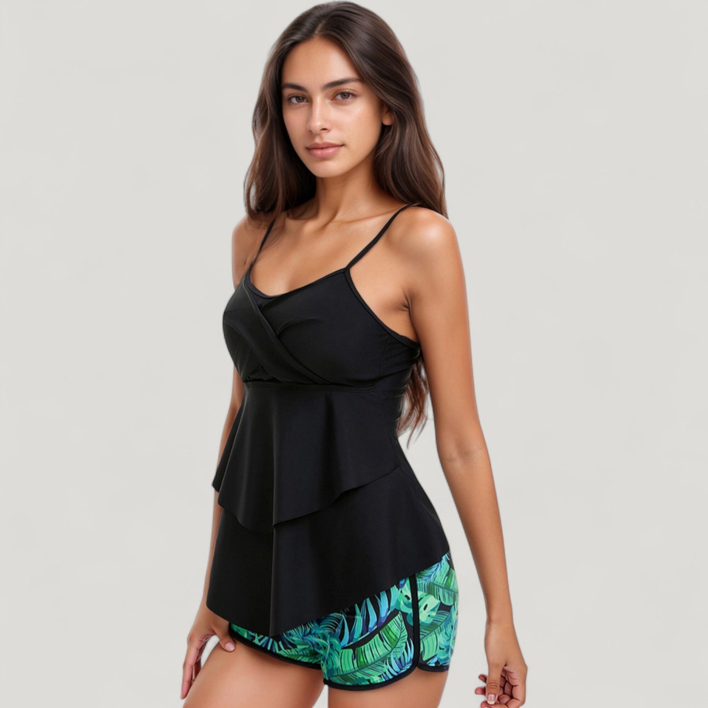 Tankini Swimsuit with Spaghetti Strap Top and Leaf Print Swim Shorts Set