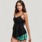 Tankini Swimsuit with Spaghetti Strap Top and Leaf Print Swim Shorts Set