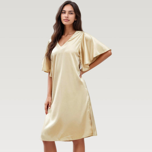 Satin Midi Dress with V-Neckline and Flutter Sleeves for a Relaxed Elegant Fit