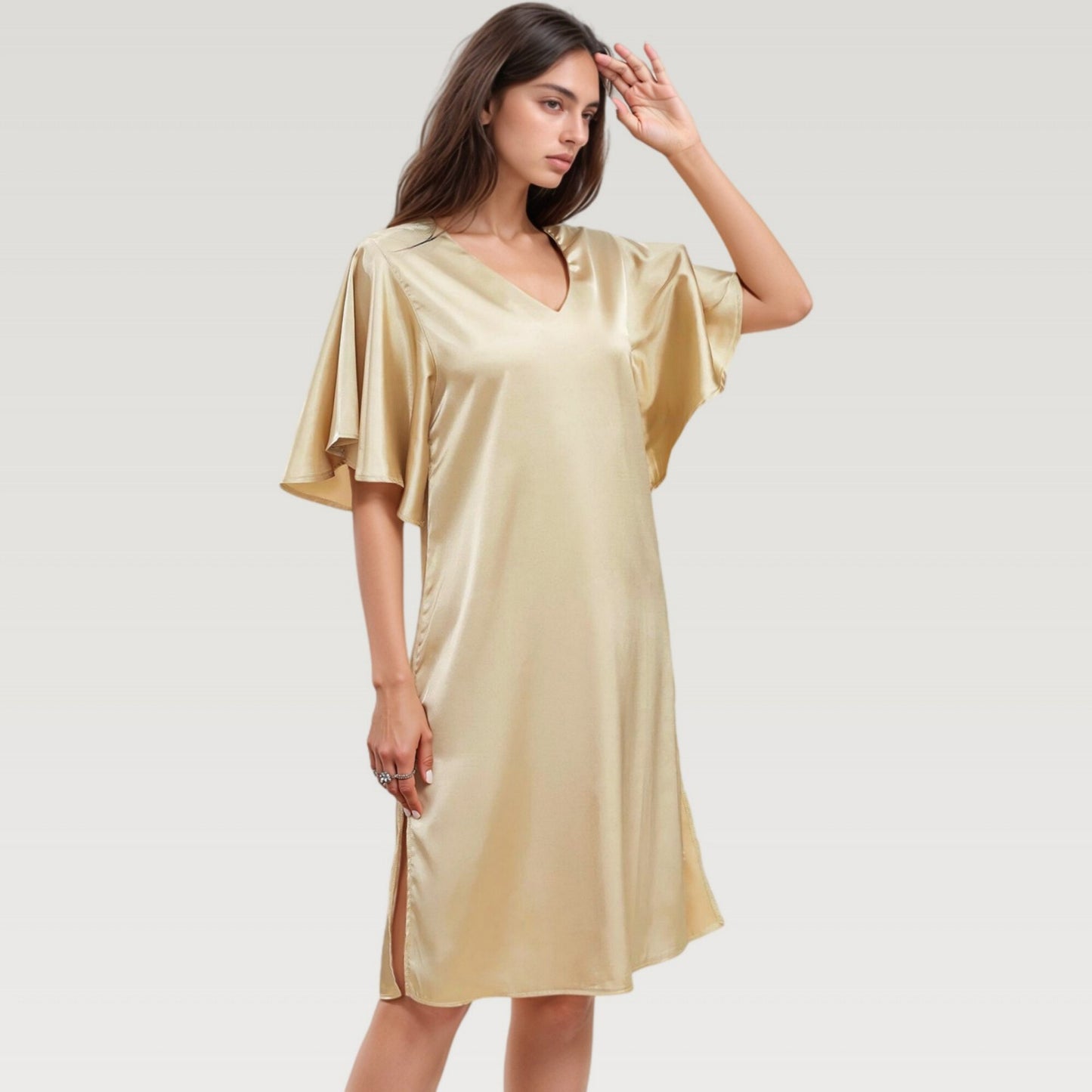 Satin Midi Dress with V-Neckline and Flutter Sleeves for a Relaxed Elegant Fit