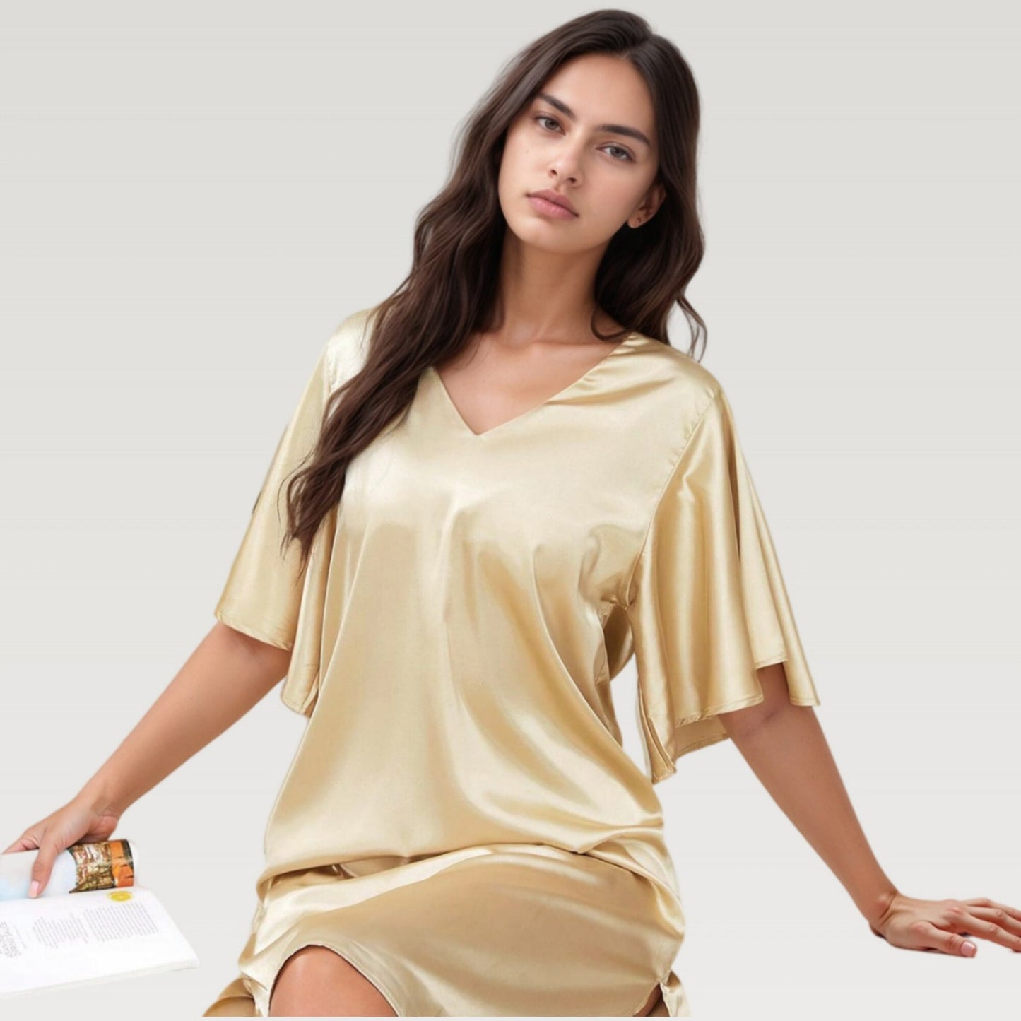 Satin Midi Dress with V-Neckline and Flutter Sleeves for a Relaxed Elegant Fit