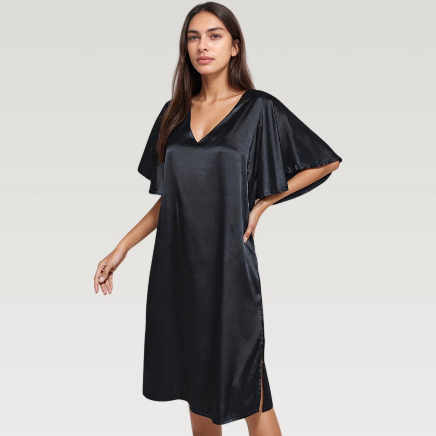 Satin Midi Dress with V-Neckline and Flutter Sleeves for a Relaxed Elegant Fit