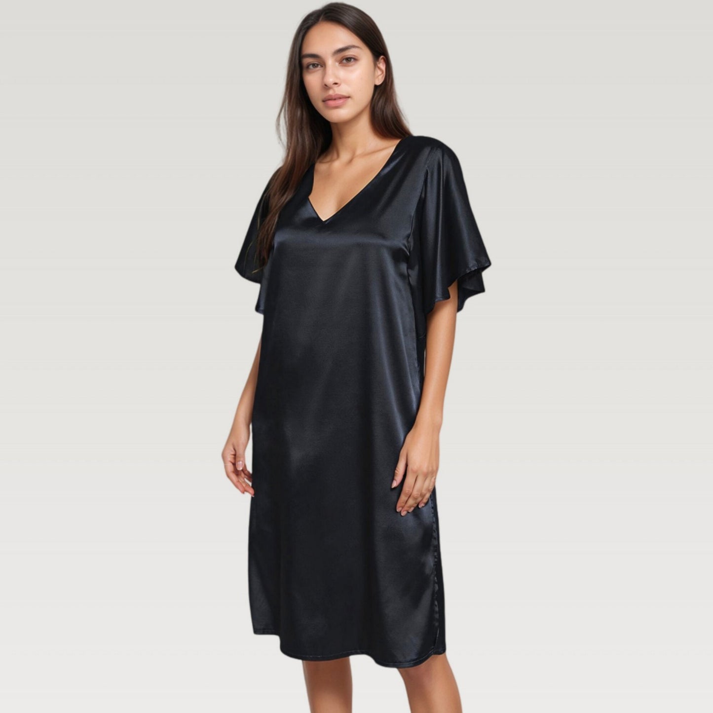 Satin Midi Dress with V-Neckline and Flutter Sleeves for a Relaxed Elegant Fit