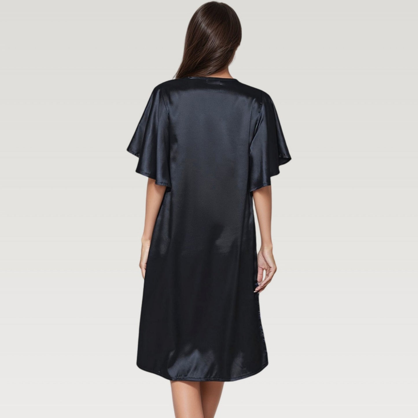 Satin Midi Dress with V-Neckline and Flutter Sleeves for a Relaxed Elegant Fit