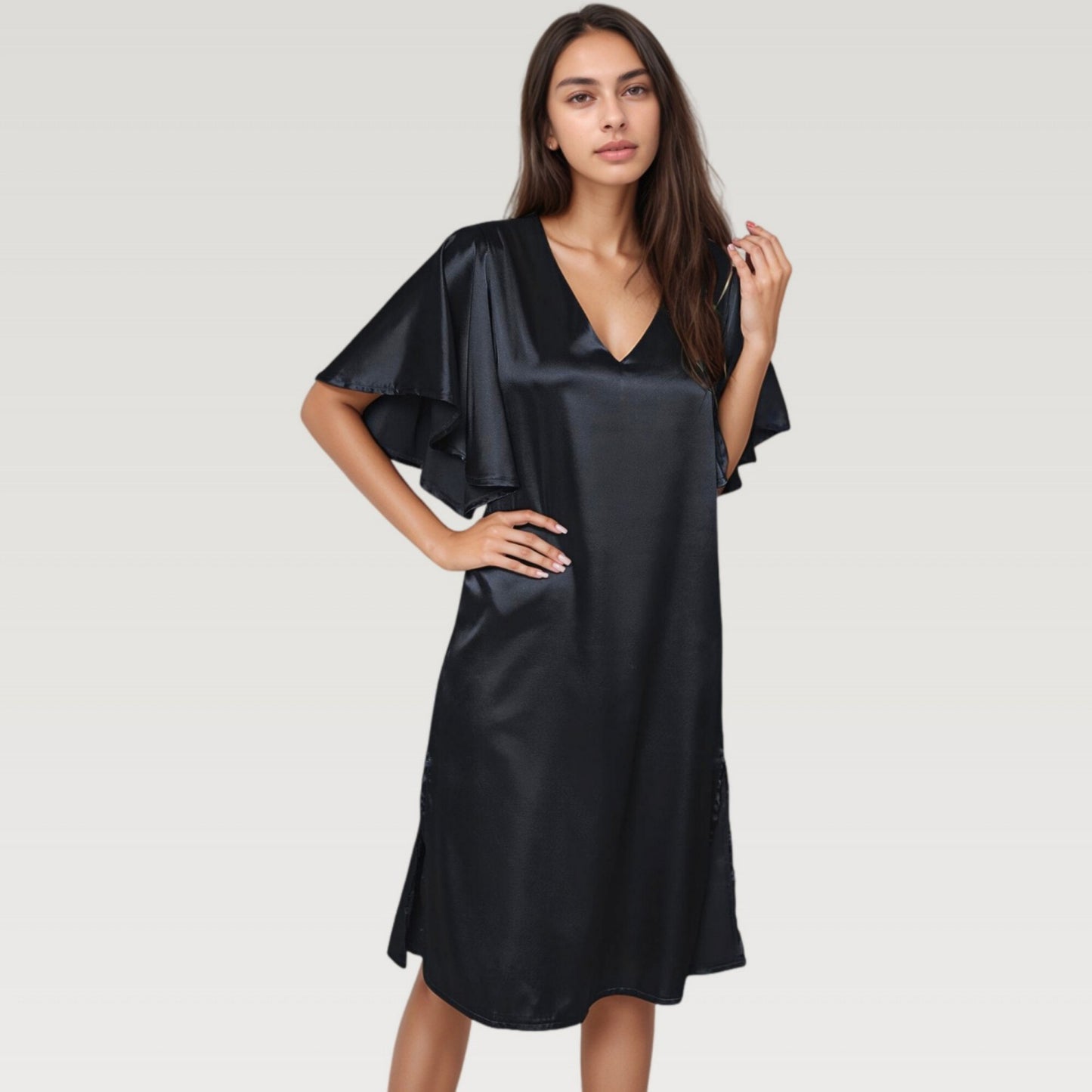 Satin Midi Dress with V-Neckline and Flutter Sleeves for a Relaxed Elegant Fit