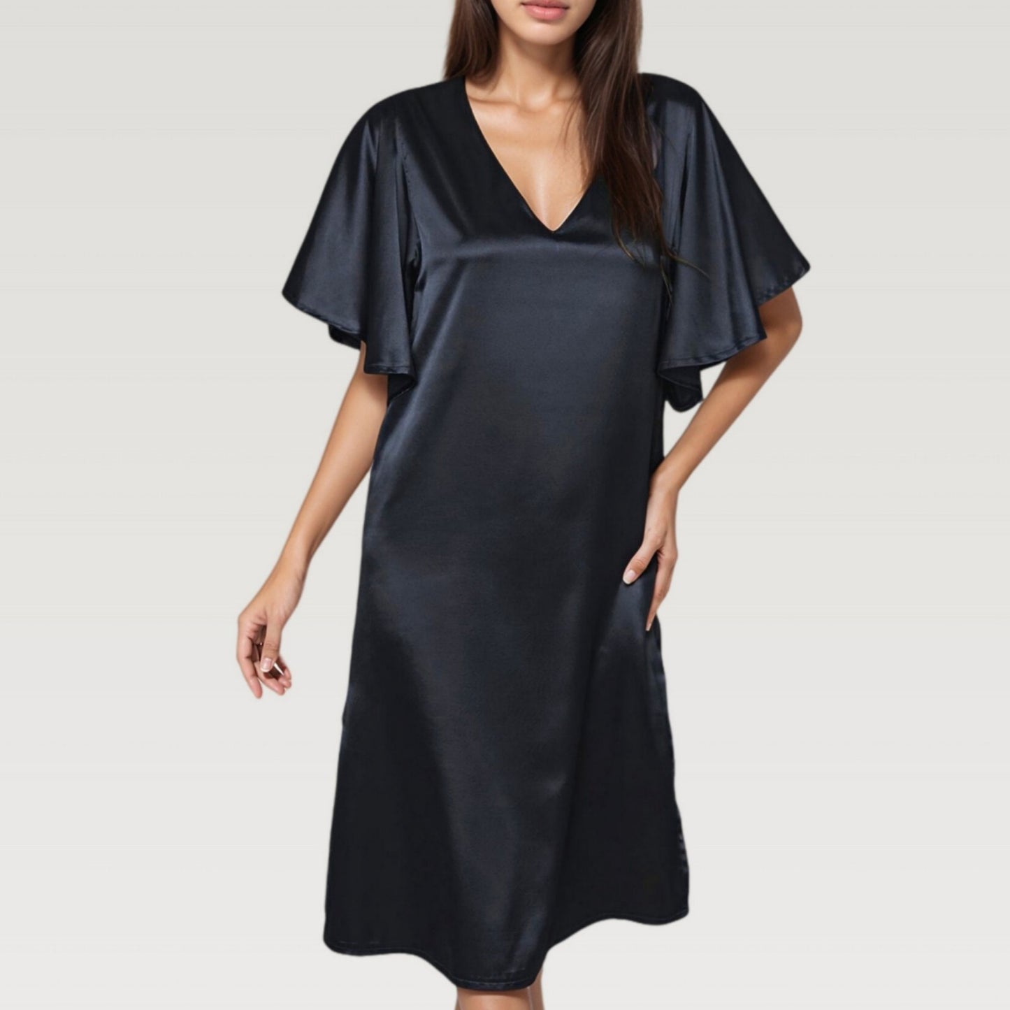 Satin Midi Dress with V-Neckline and Flutter Sleeves for a Relaxed Elegant Fit