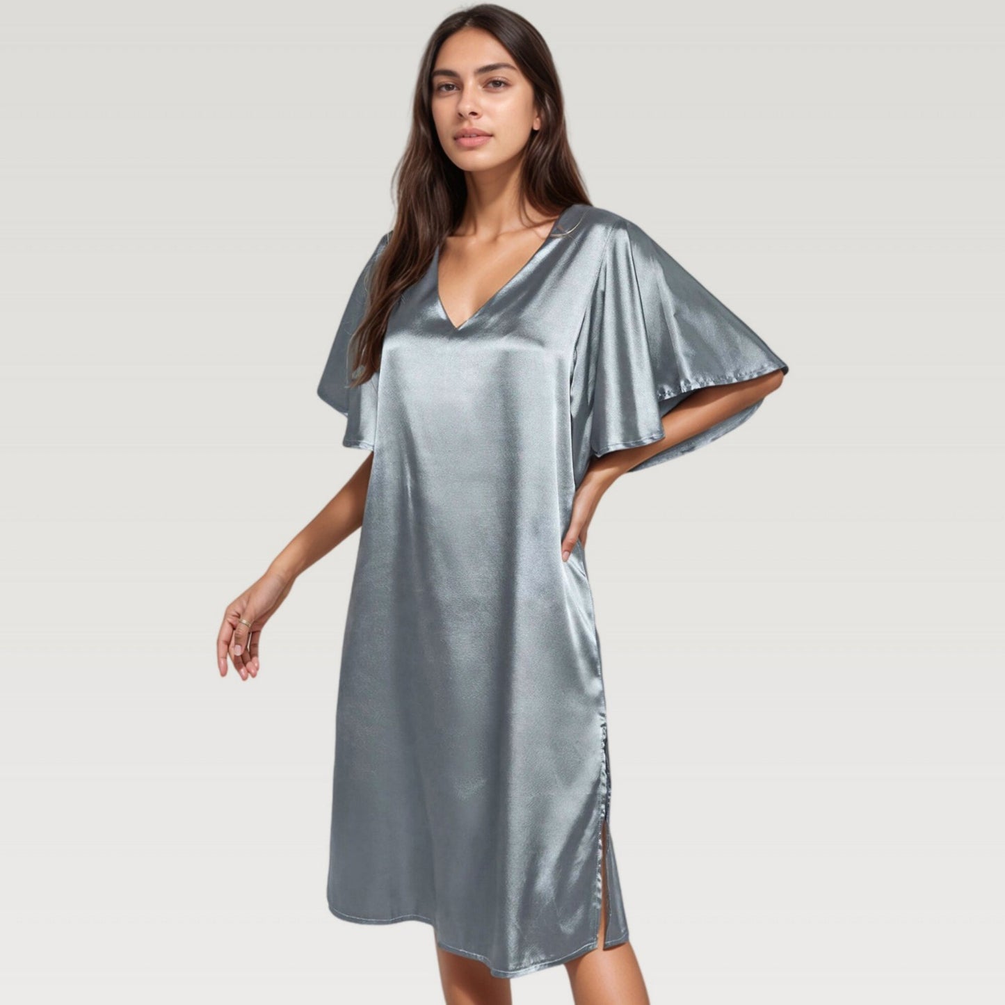 Satin Midi Dress with V-Neckline and Flutter Sleeves for a Relaxed Elegant Fit