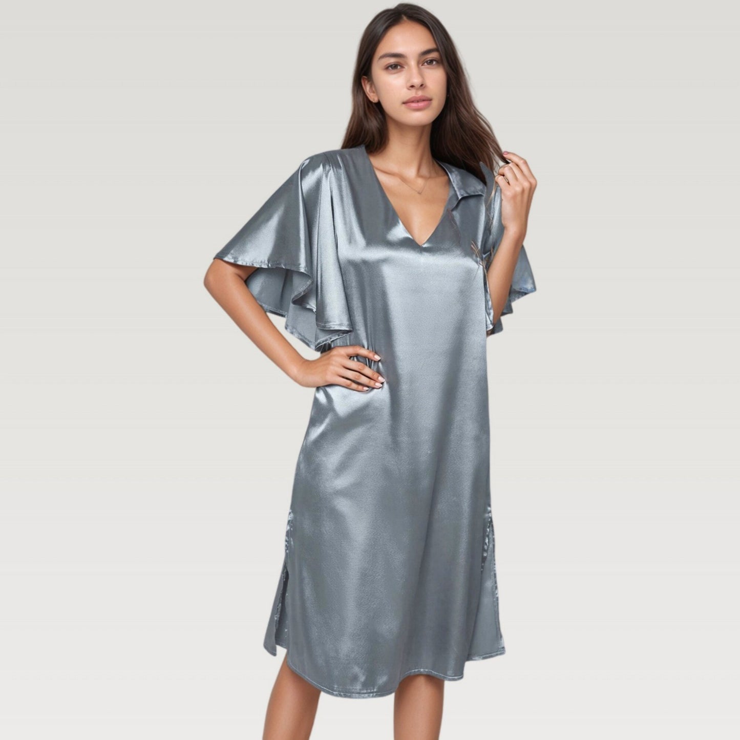 Satin Midi Dress with V-Neckline and Flutter Sleeves for a Relaxed Elegant Fit