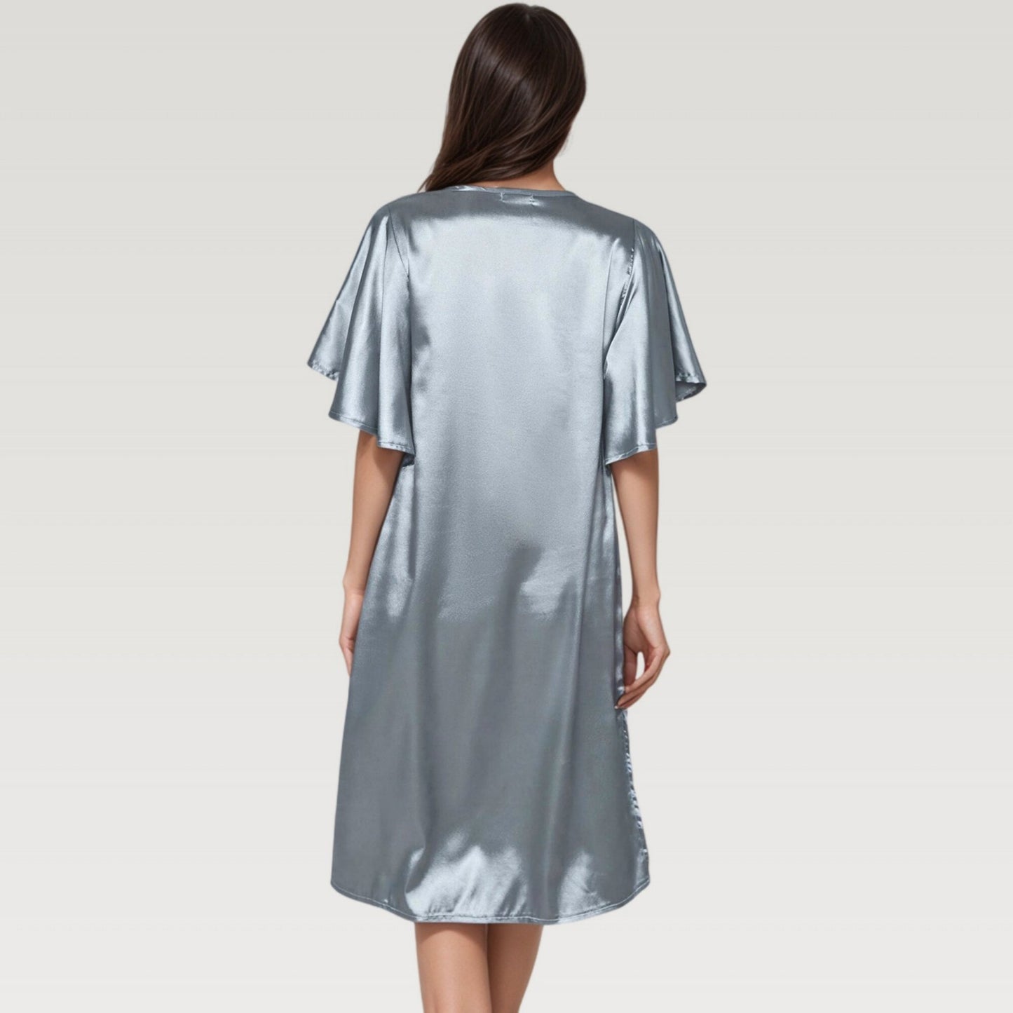 Satin Midi Dress with V-Neckline and Flutter Sleeves for a Relaxed Elegant Fit