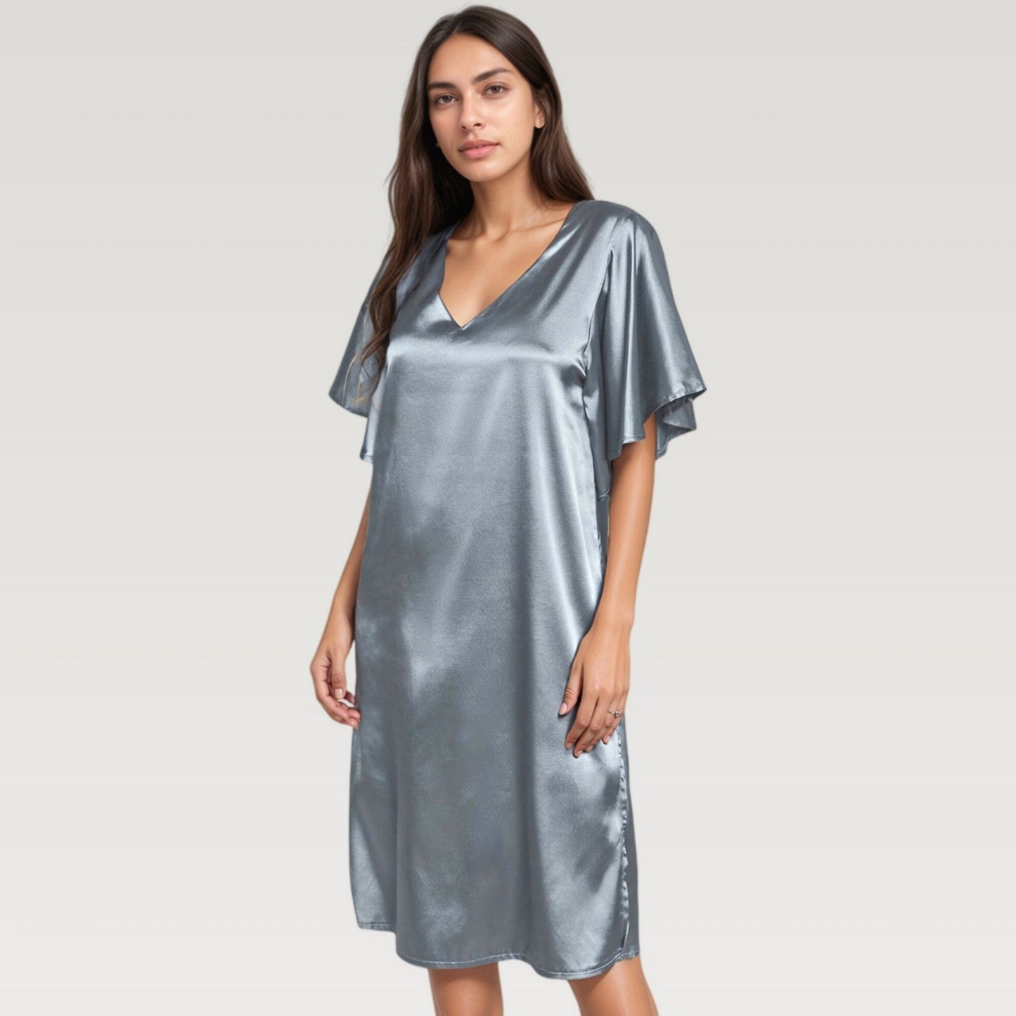 Satin Midi Dress with V-Neckline and Flutter Sleeves for a Relaxed Elegant Fit