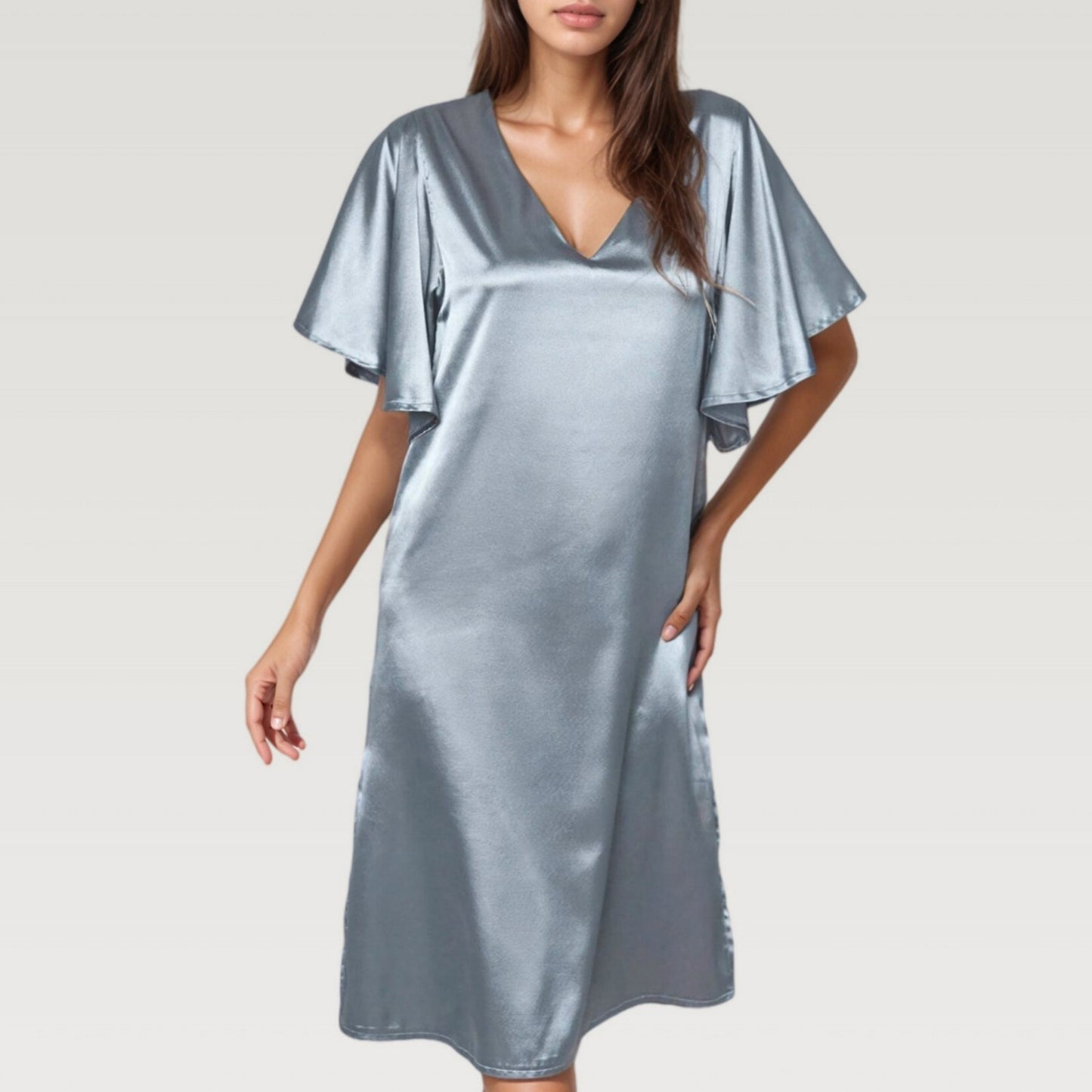 Satin Midi Dress with V-Neckline and Flutter Sleeves for a Relaxed Elegant Fit