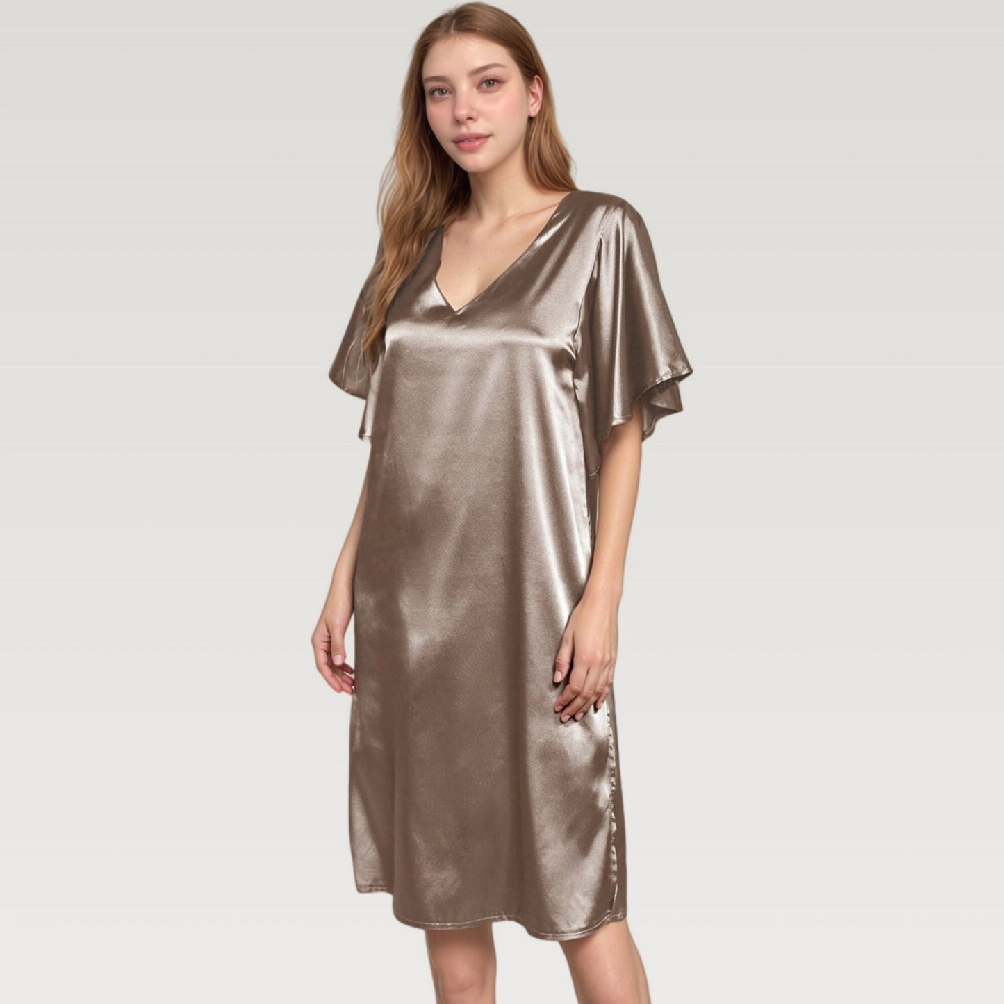 Satin Midi Dress with V-Neckline and Flutter Sleeves for a Relaxed Elegant Fit