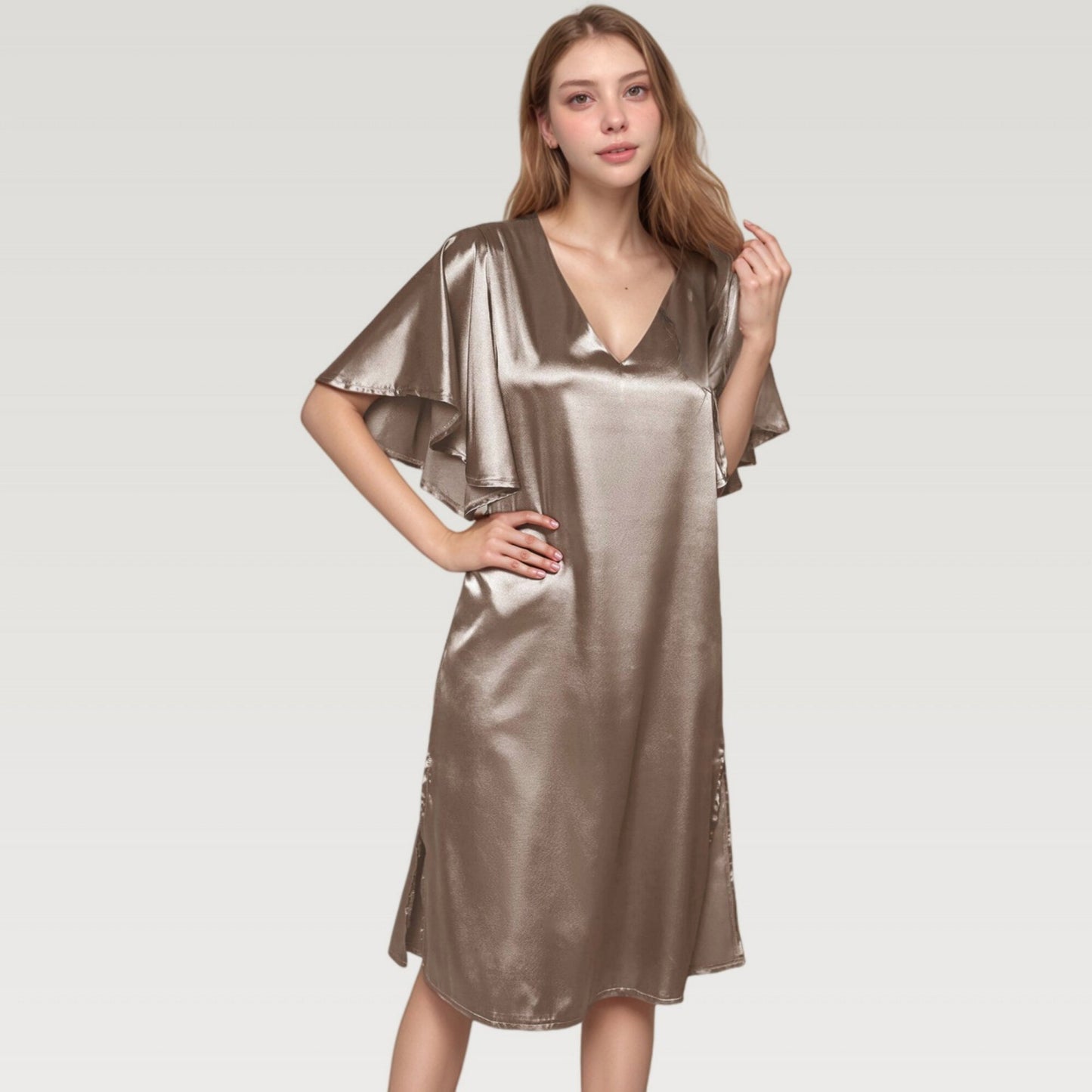 Satin Midi Dress with V-Neckline and Flutter Sleeves for a Relaxed Elegant Fit