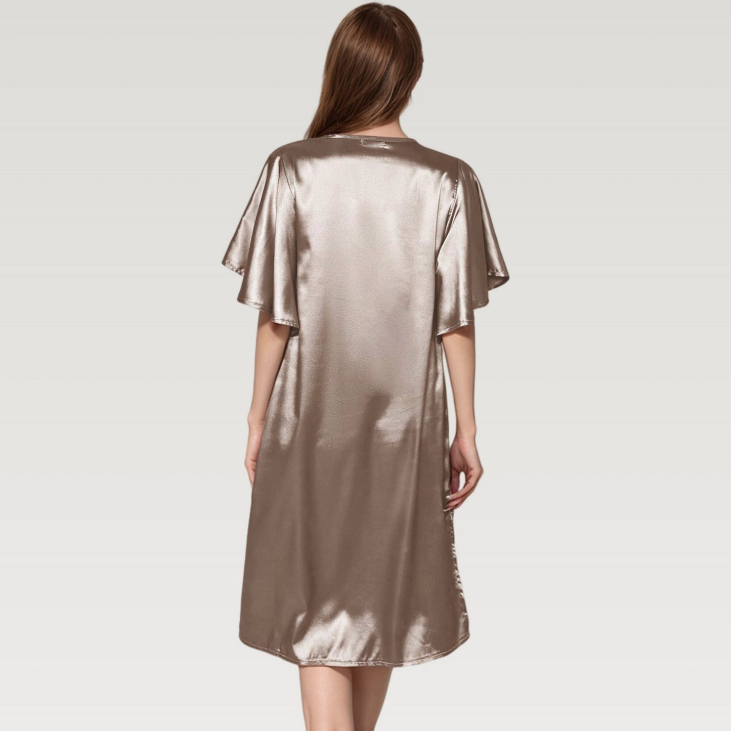 Satin Midi Dress with V-Neckline and Flutter Sleeves for a Relaxed Elegant Fit