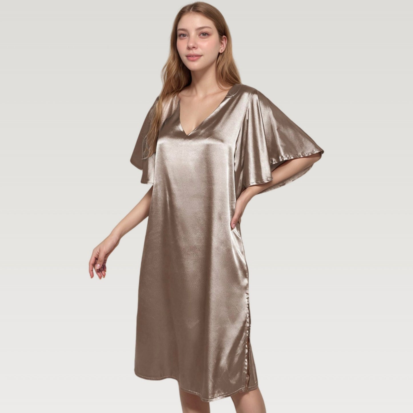 Satin Midi Dress with V-Neckline and Flutter Sleeves for a Relaxed Elegant Fit