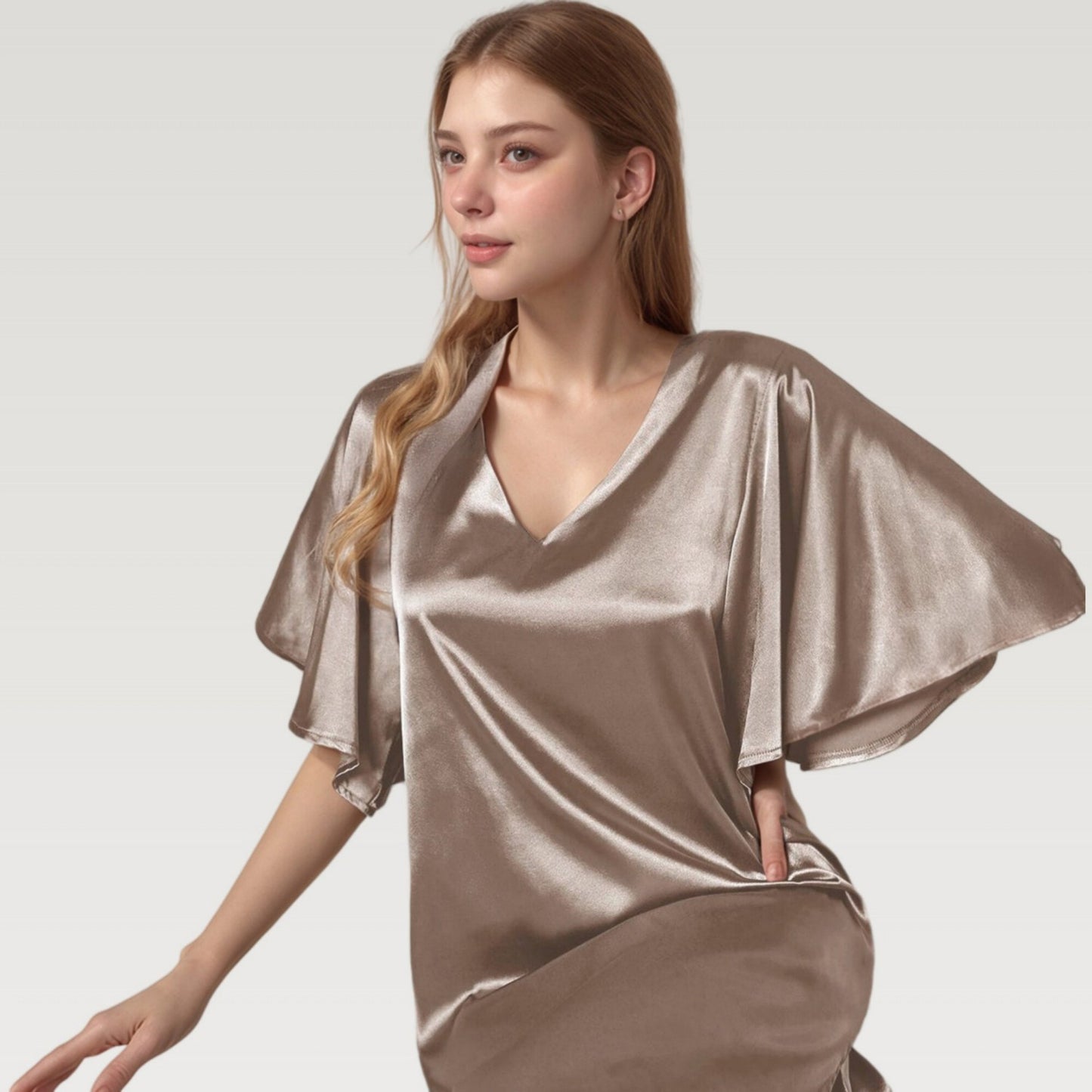 Satin Midi Dress with V-Neckline and Flutter Sleeves for a Relaxed Elegant Fit