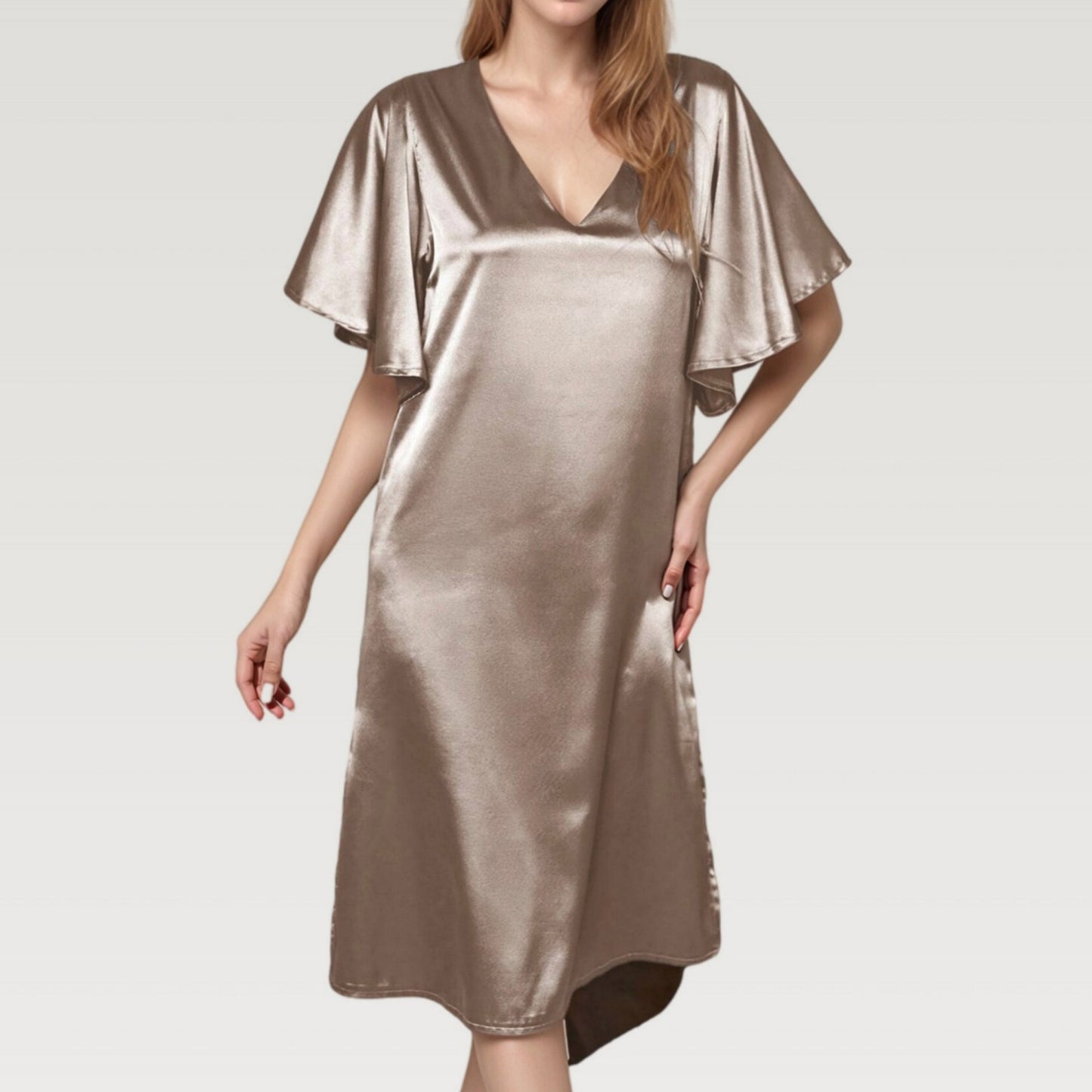 Satin Midi Dress with V-Neckline and Flutter Sleeves for a Relaxed Elegant Fit
