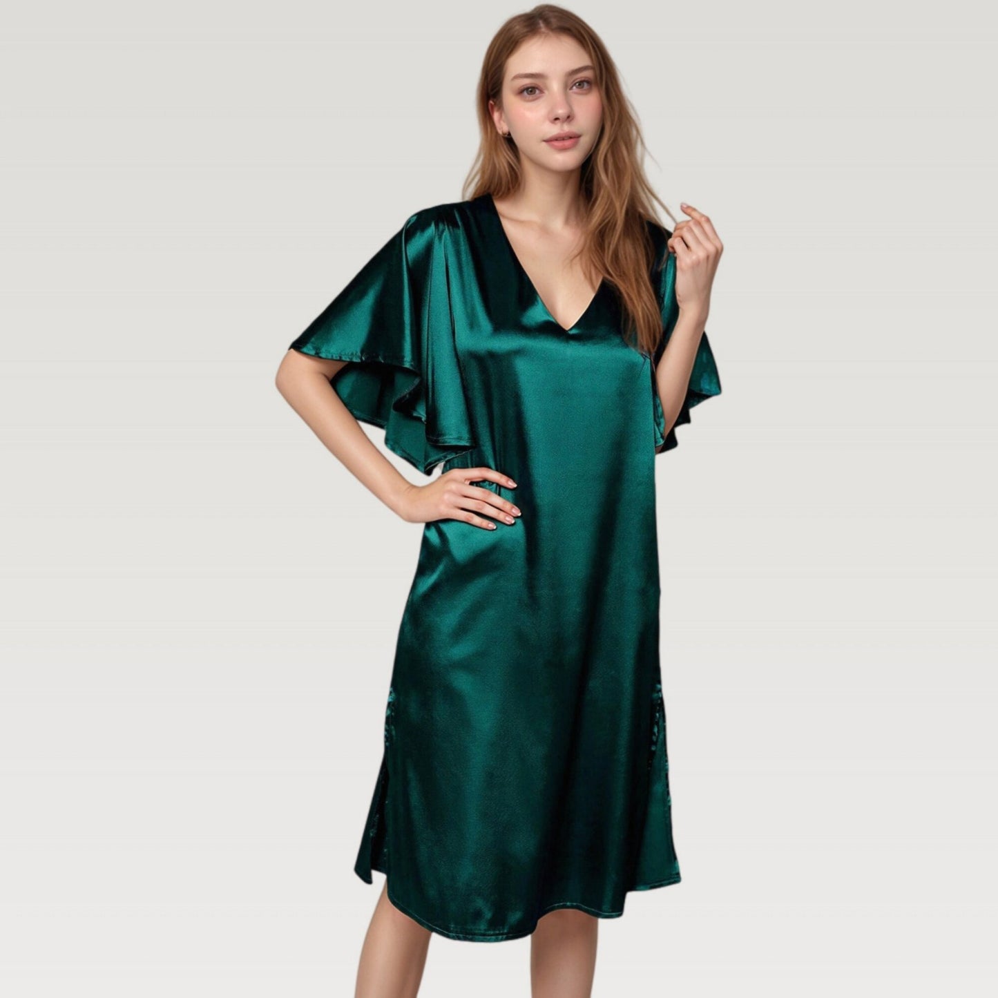 Satin Midi Dress with V-Neckline and Flutter Sleeves for a Relaxed Elegant Fit