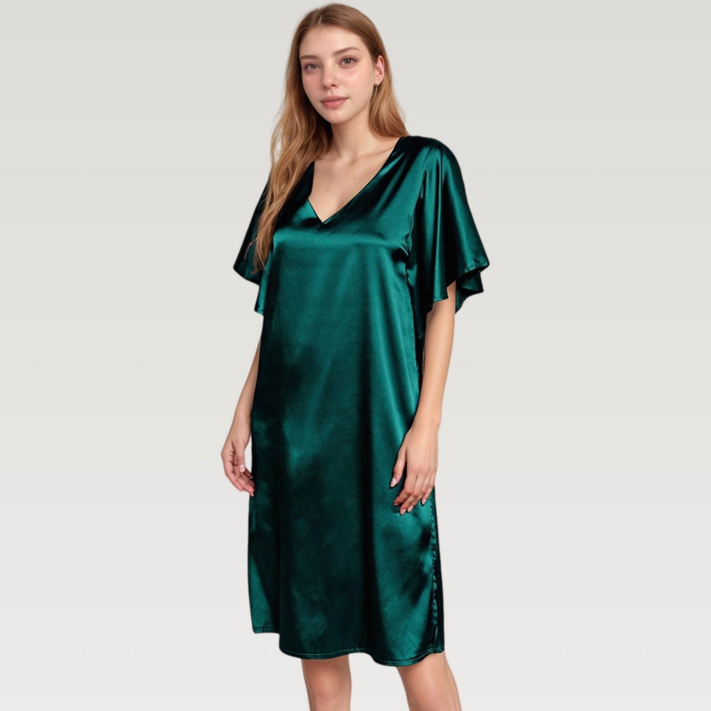 Satin Midi Dress with V-Neckline and Flutter Sleeves for a Relaxed Elegant Fit