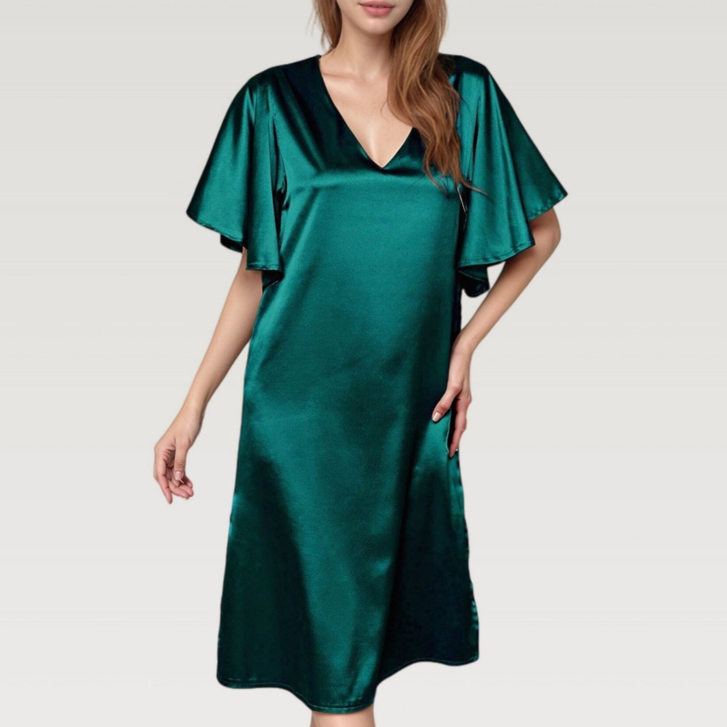 Satin Midi Dress with V-Neckline and Flutter Sleeves for a Relaxed Elegant Fit
