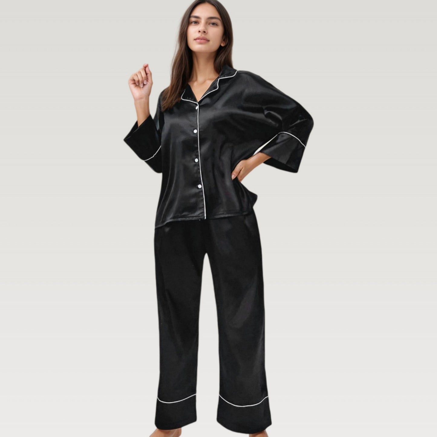 Satin Pajama Set with Button-Up Long Sleeve Top and Wide Leg Pants with Contrast Trim